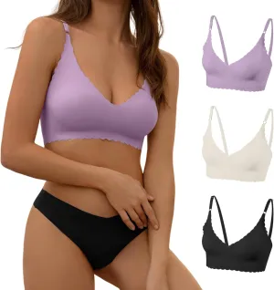 DEANGELMON V Neck Bra Padded Seamless Adjustable Straps Bralettes Everyday Basic Sleeping Bras Multiple Pack