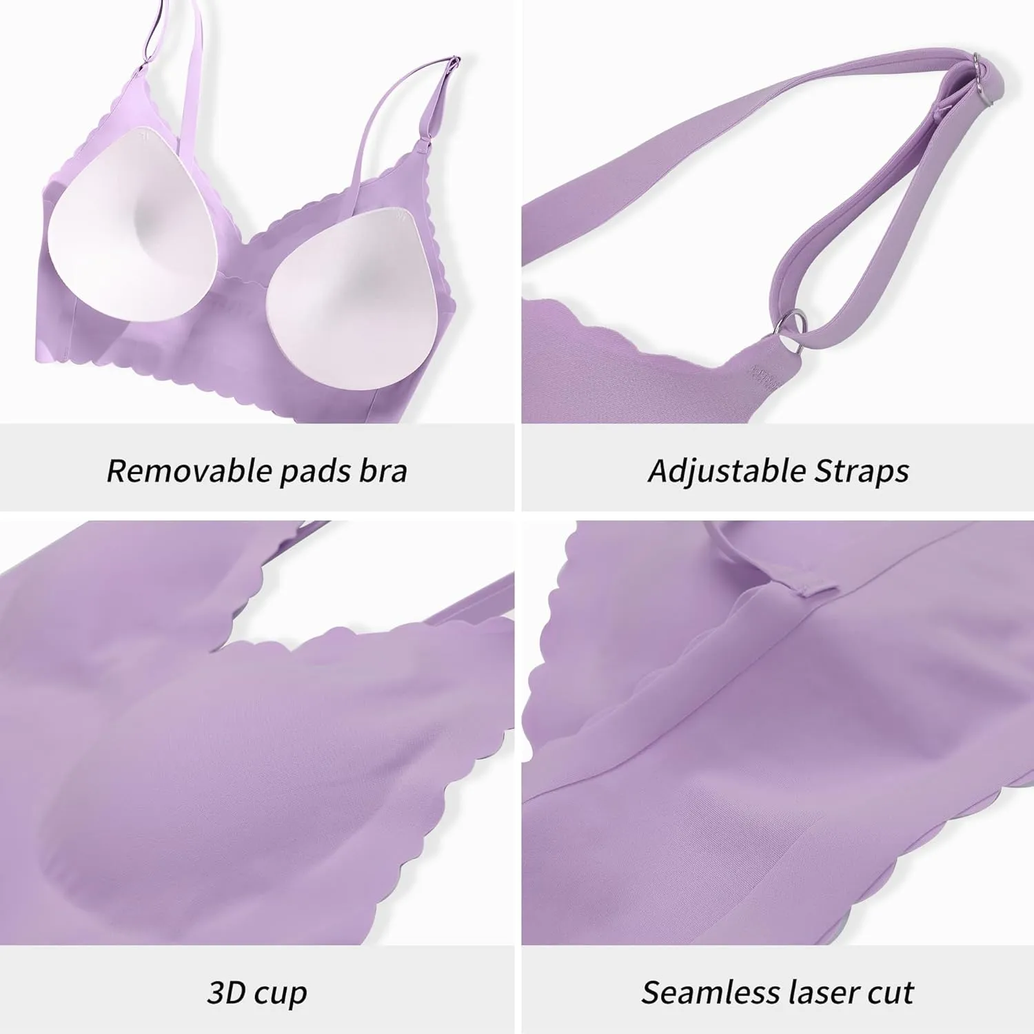 DEANGELMON V Neck Bra Padded Seamless Adjustable Straps Bralettes Everyday Basic Sleeping Bras Multiple Pack