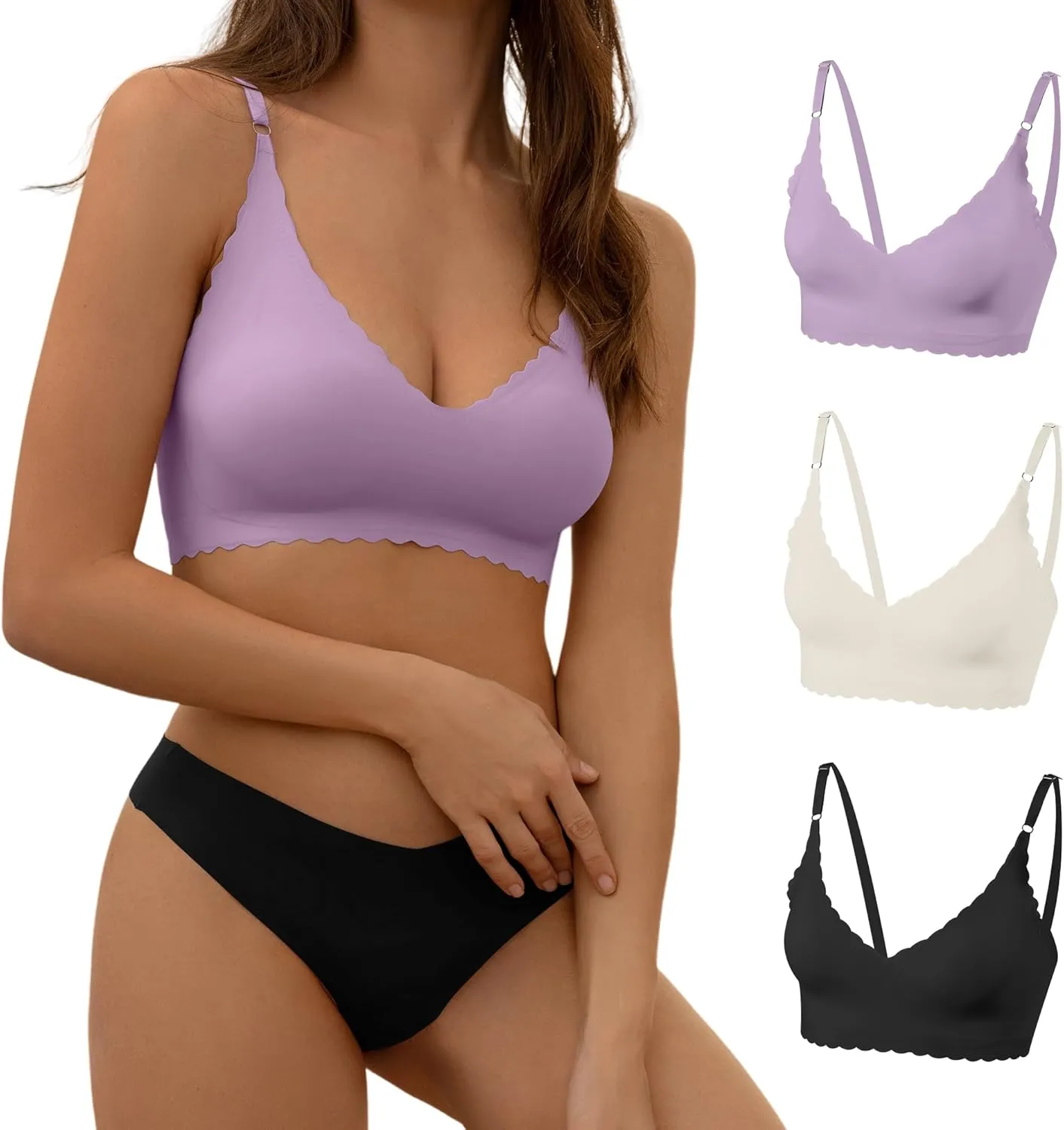 DEANGELMON V Neck Bra Padded Seamless Adjustable Straps Bralettes Everyday Basic Sleeping Bras Multiple Pack