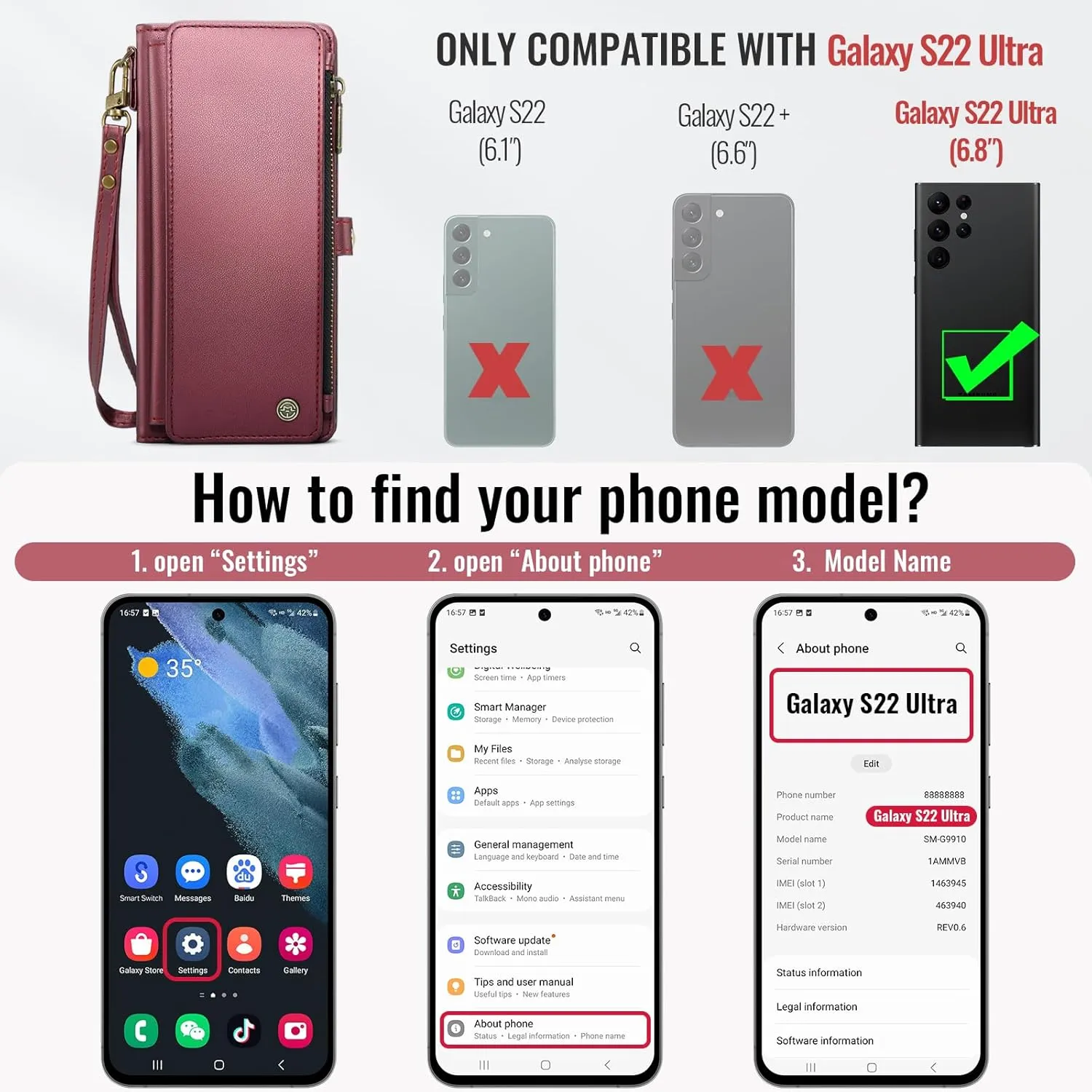 Defencase Compatible with Samsung Galaxy S22 Ultra Case Wallet with RFID Blocking Card Holder for Women, PU Leather Magnetic Snap Flip Zipper Strap Phone Case Fit for Galaxy S22 Ultra 5G, Wine Red
