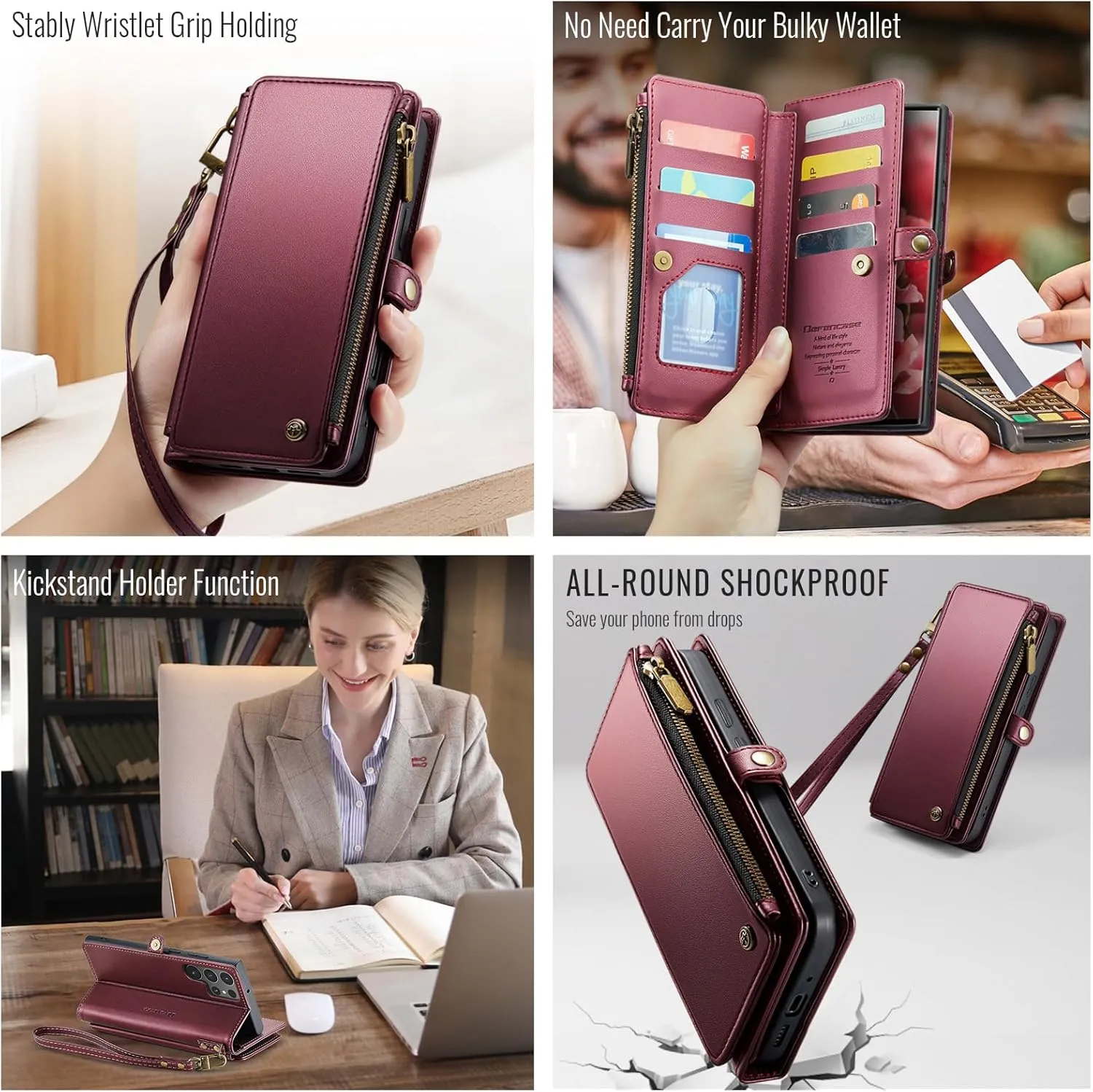 Defencase Compatible with Samsung Galaxy S22 Ultra Case Wallet with RFID Blocking Card Holder for Women, PU Leather Magnetic Snap Flip Zipper Strap Phone Case Fit for Galaxy S22 Ultra 5G, Wine Red
