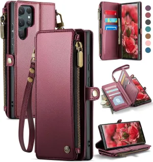 Defencase Compatible with Samsung Galaxy S22 Ultra Case Wallet with RFID Blocking Card Holder for Women, PU Leather Magnetic Snap Flip Zipper Strap Phone Case Fit for Galaxy S22 Ultra 5G, Wine Red