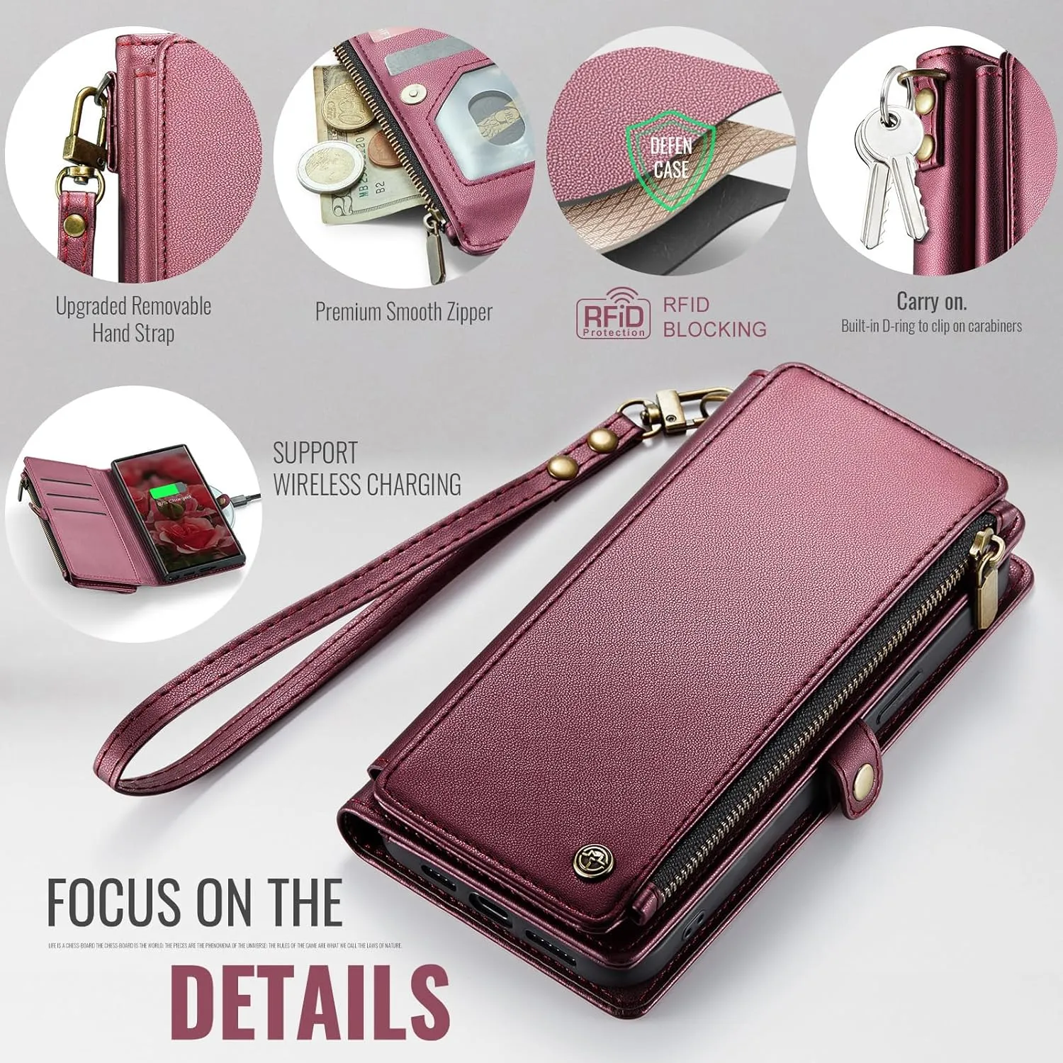 Defencase Compatible with Samsung Galaxy S22 Ultra Case Wallet with RFID Blocking Card Holder for Women, PU Leather Magnetic Snap Flip Zipper Strap Phone Case Fit for Galaxy S22 Ultra 5G, Wine Red