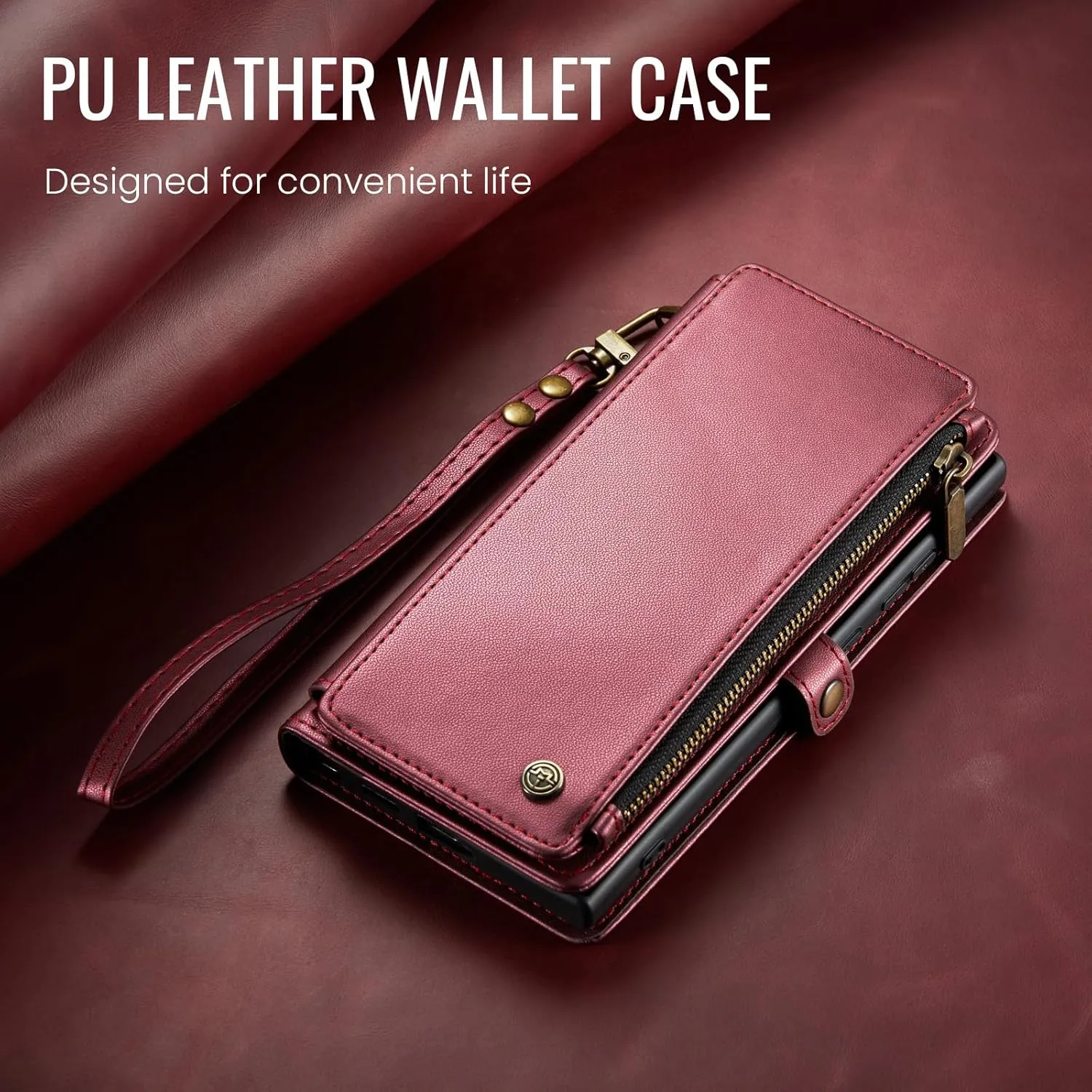Defencase Compatible with Samsung Galaxy S22 Ultra Case Wallet with RFID Blocking Card Holder for Women, PU Leather Magnetic Snap Flip Zipper Strap Phone Case Fit for Galaxy S22 Ultra 5G, Wine Red