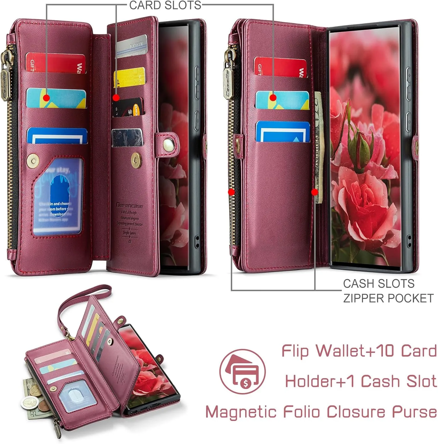 Defencase Compatible with Samsung Galaxy S22 Ultra Case Wallet with RFID Blocking Card Holder for Women, PU Leather Magnetic Snap Flip Zipper Strap Phone Case Fit for Galaxy S22 Ultra 5G, Wine Red