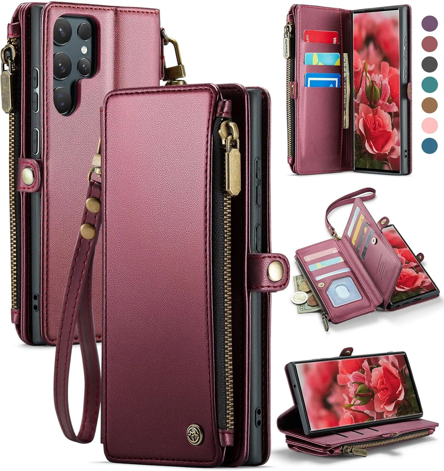 Defencase Compatible with Samsung Galaxy S22 Ultra Case Wallet with RFID Blocking Card Holder for Women, PU Leather Magnetic Snap Flip Zipper Strap Phone Case Fit for Galaxy S22 Ultra 5G, Wine Red