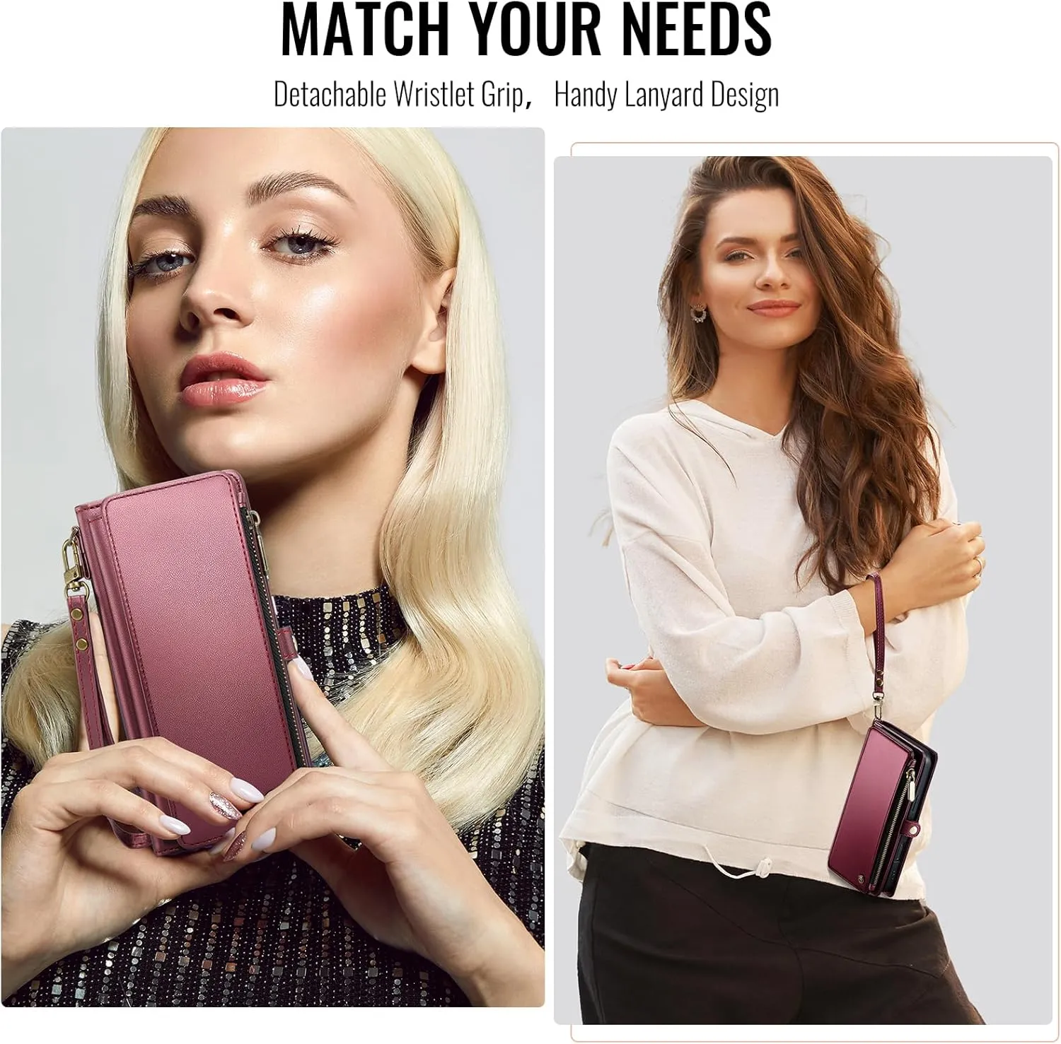 Defencase Compatible with Samsung Galaxy S22 Ultra Case Wallet with RFID Blocking Card Holder for Women, PU Leather Magnetic Snap Flip Zipper Strap Phone Case Fit for Galaxy S22 Ultra 5G, Wine Red