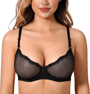 Deyllo Women's Sexy Lace Balconette Bra See Through Demi Unlined Bras Mesh Sheer Underwire