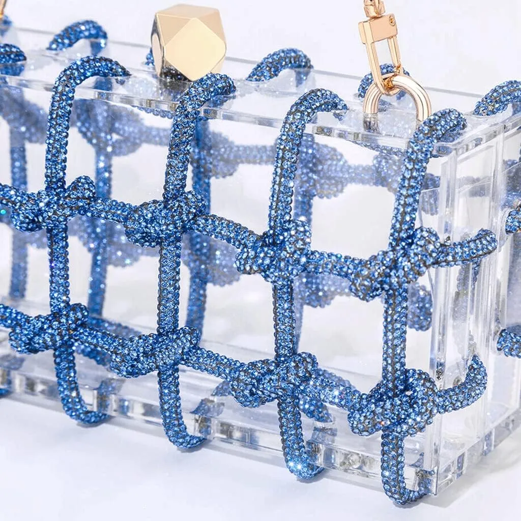 DJBM Clear Acrylic Clutch Sparkle Rhinestone Evening Bag Glitter Crystal-Embellished Rope Knot Handbag Purse for Party Prom