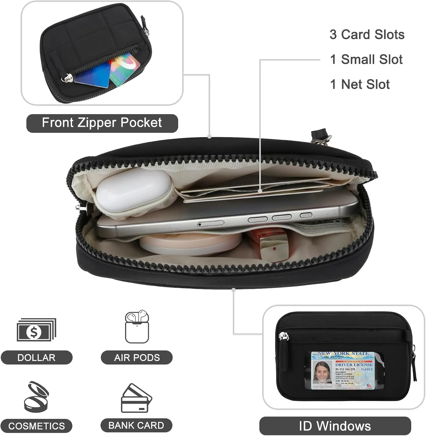 DOB SECHS Small Wristlet Wallet for Women RFID Nylon Quilted Clutch Phone Bag with 3 Zipper Pockets Back Clear Pocket