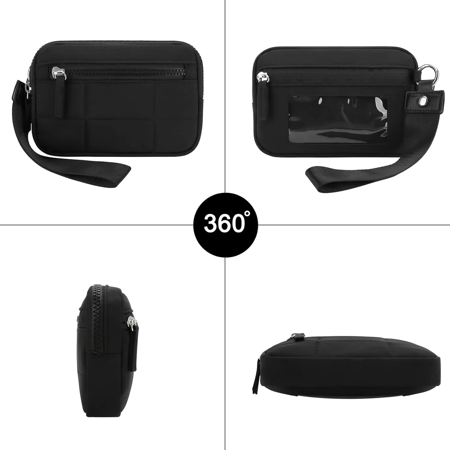 DOB SECHS Small Wristlet Wallet for Women RFID Nylon Quilted Clutch Phone Bag with 3 Zipper Pockets Back Clear Pocket