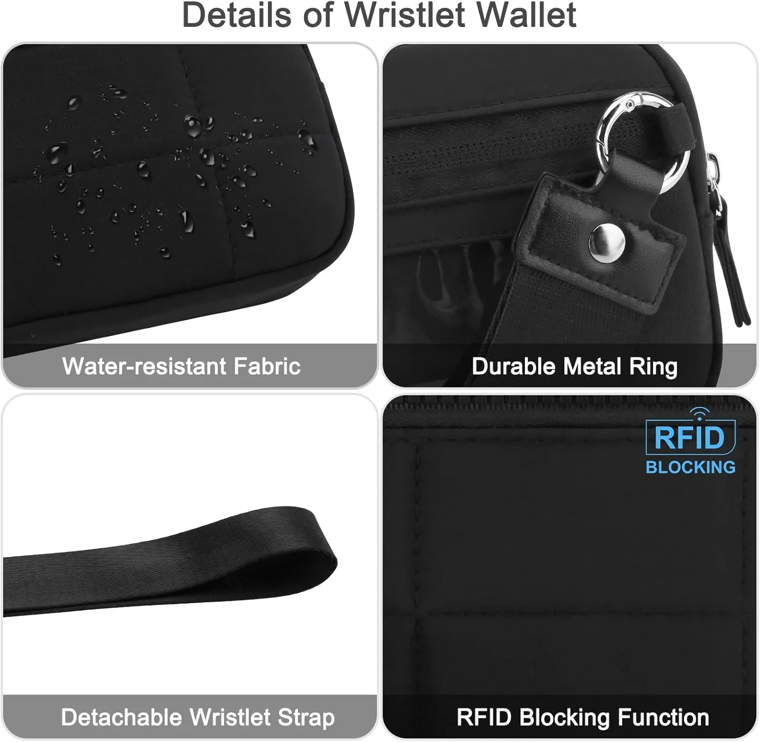 DOB SECHS Small Wristlet Wallet for Women RFID Nylon Quilted Clutch Phone Bag with 3 Zipper Pockets Back Clear Pocket