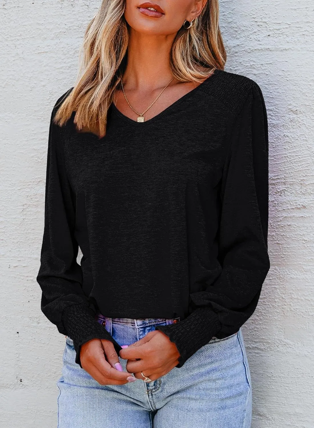 Dokotoo Women's Casual Long Sleeve Shirts Shirred Shoulders Solid Color Knit Tops Blouses