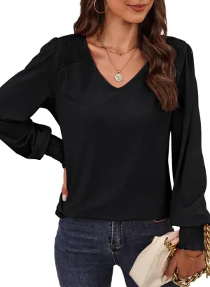 Dokotoo Women's Casual Long Sleeve Shirts Shirred Shoulders Solid Color Knit Tops Blouses