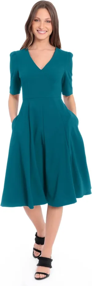 Donna Morgan Women's Stretch Crepe Elbow Sleeve V-Neck Fit and Flare Midi Dress