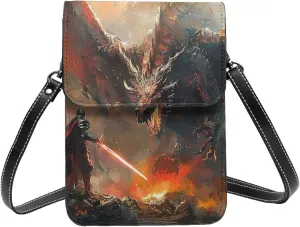 Dragon And Knight Fantasy Painting Crossbody Cell Phone Purse For Women Teen Girls Leather Small Crossbody Bag Mini Phone Pouch Purse, 7.5x5.3 Inches