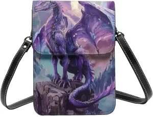 Dragon Purple Moon Fantasy Art Mystical Crossbody Cell Phone Purse For Women Teen Girls Leather Small Crossbody Bag Mini Phone Pouch Purse, 7.5x5.3 Inches