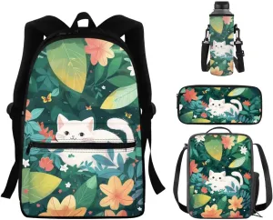 Dreaweet Cat Backpack for School Girls with Lunchbox and Water Bottle Sleeve Pencil Case Elementary School Bag Set Boys Bookbag and Lunch Bag for Kids Cute Animal Book Bag Lunchbox Combo