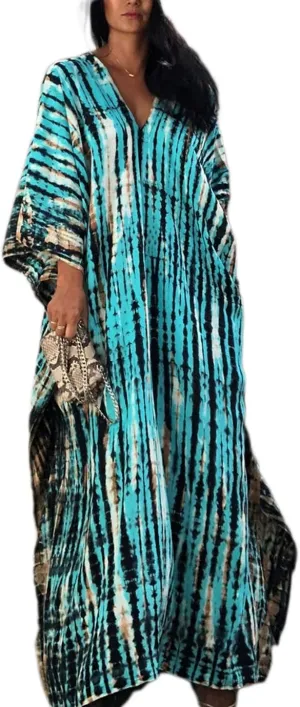 Eddoyee Plus Size Beach Kaftan Dresses for Women Print V-Neck Long Swimsuit Cover Ups