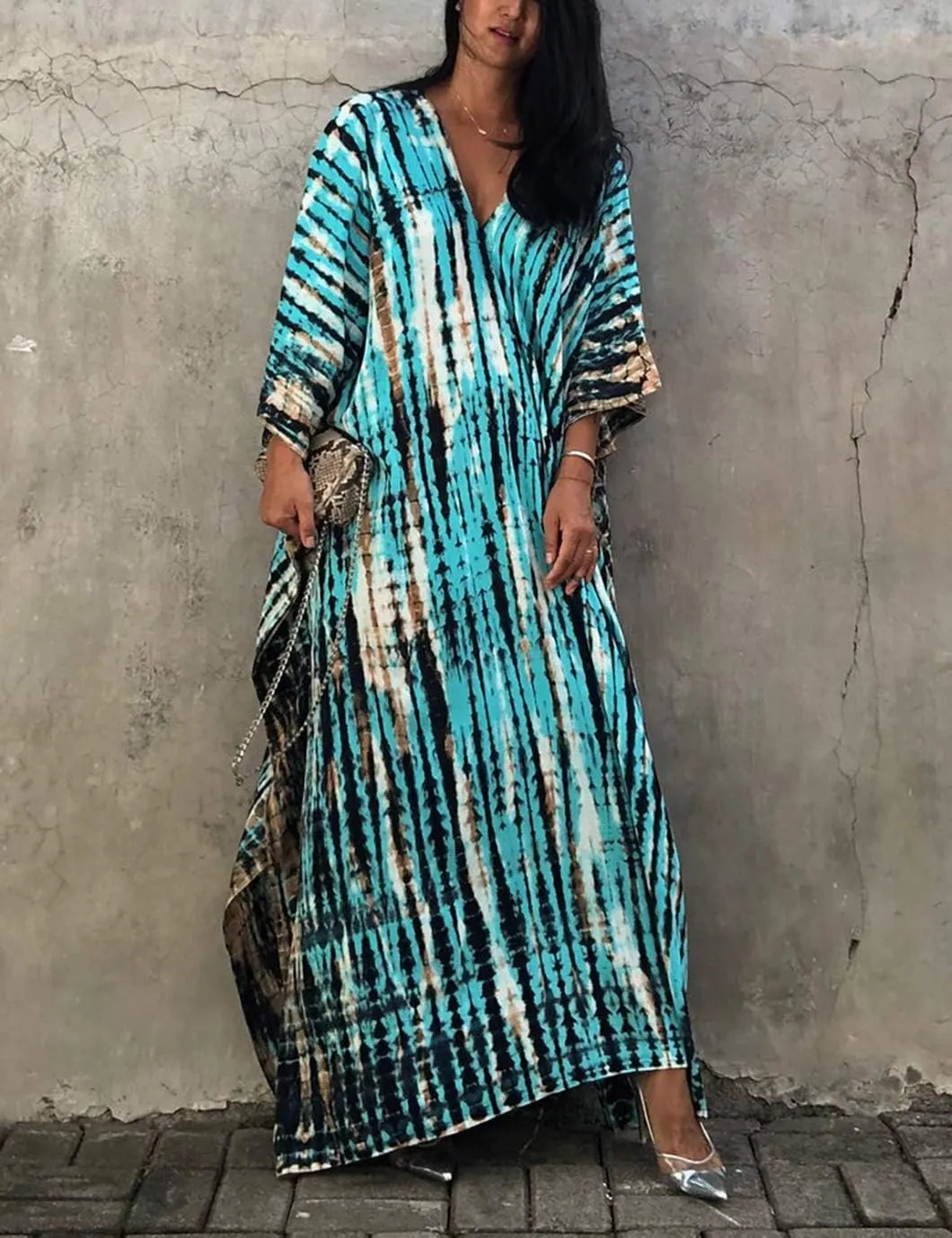 Eddoyee Plus Size Beach Kaftan Dresses for Women Print V-Neck Long Swimsuit Cover Ups