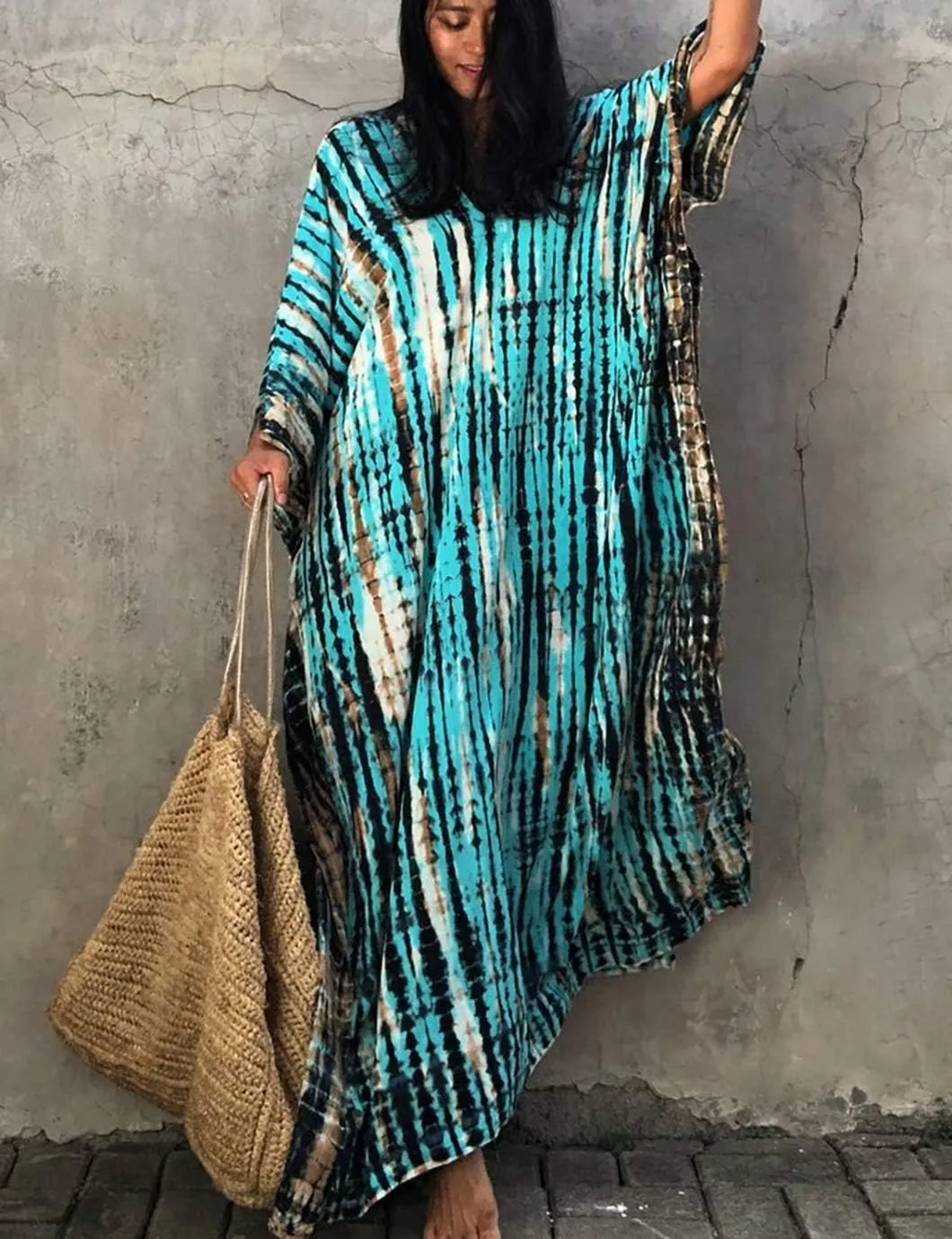Eddoyee Plus Size Beach Kaftan Dresses for Women Print V-Neck Long Swimsuit Cover Ups