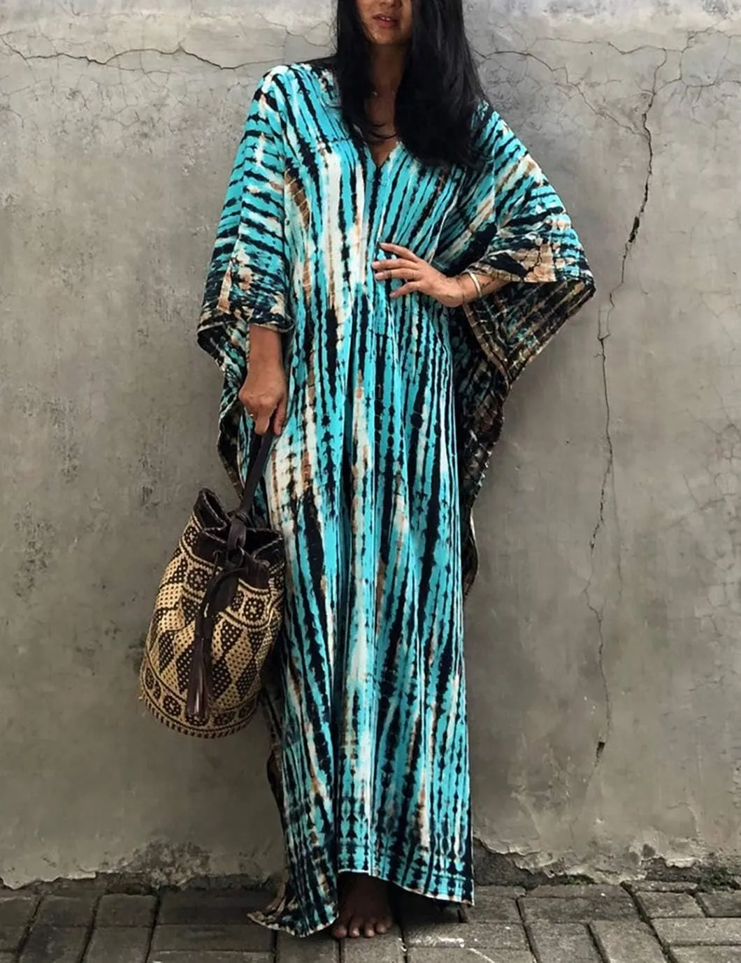 Eddoyee Plus Size Beach Kaftan Dresses for Women Print V-Neck Long Swimsuit Cover Ups