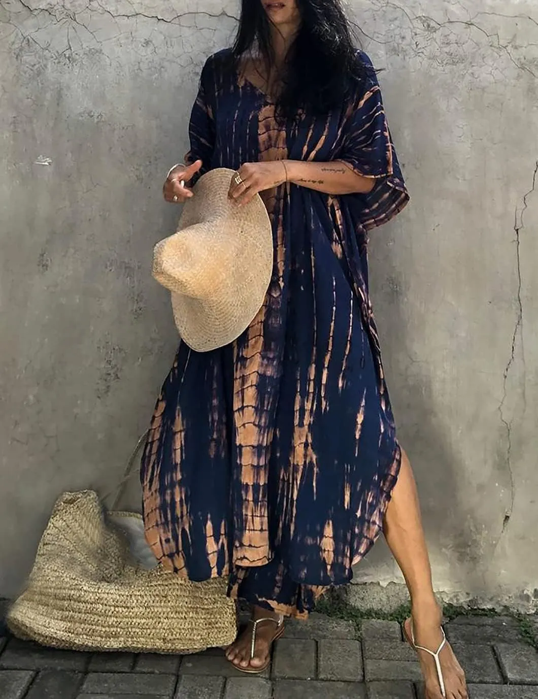 Eddoyee Plus Size Beach Kaftan Dresses for Women Print V-Neck Long Swimsuit Cover Ups