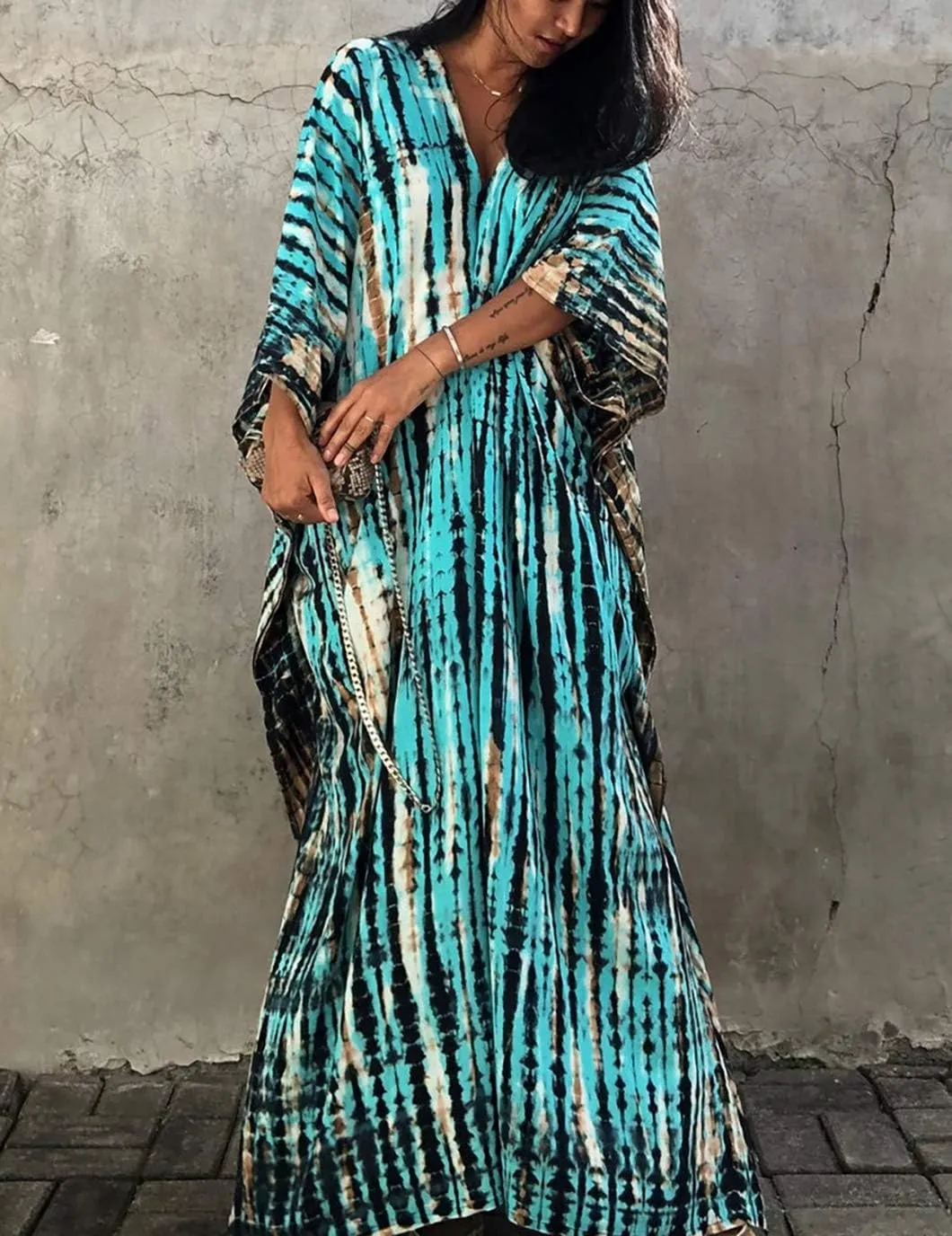 Eddoyee Plus Size Beach Kaftan Dresses for Women Print V-Neck Long Swimsuit Cover Ups