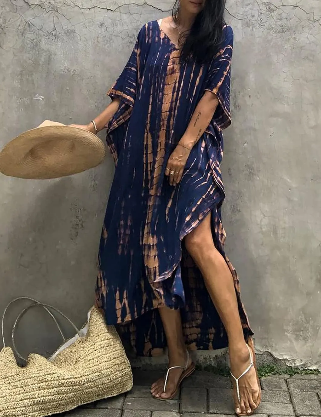 Eddoyee Plus Size Beach Kaftan Dresses for Women Print V-Neck Long Swimsuit Cover Ups