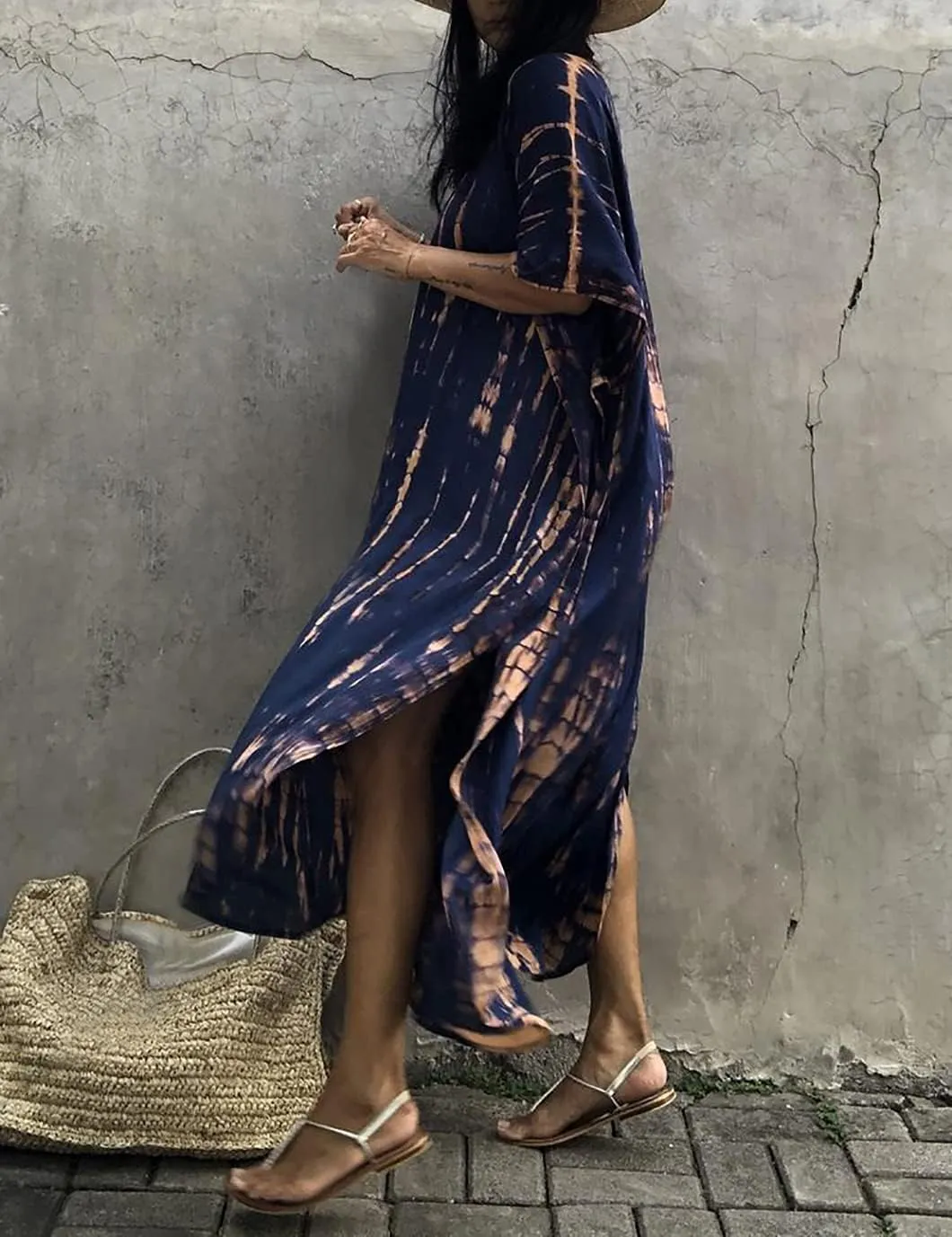 Eddoyee Plus Size Beach Kaftan Dresses for Women Print V-Neck Long Swimsuit Cover Ups