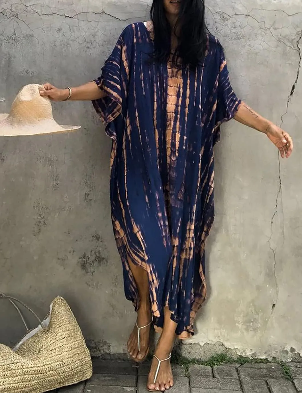 Eddoyee Plus Size Beach Kaftan Dresses for Women Print V-Neck Long Swimsuit Cover Ups