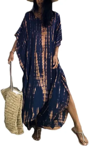 Eddoyee Plus Size Beach Kaftan Dresses for Women Print V-Neck Long Swimsuit Cover Ups