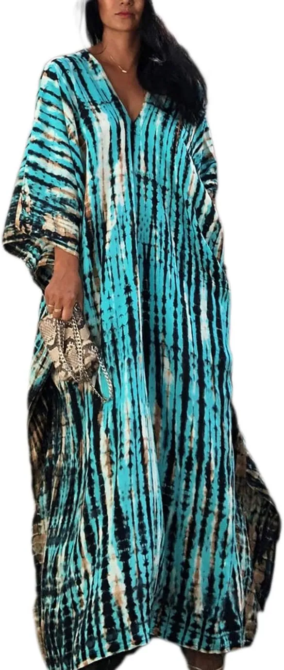 Eddoyee Plus Size Beach Kaftan Dresses for Women Print V-Neck Long Swimsuit Cover Ups