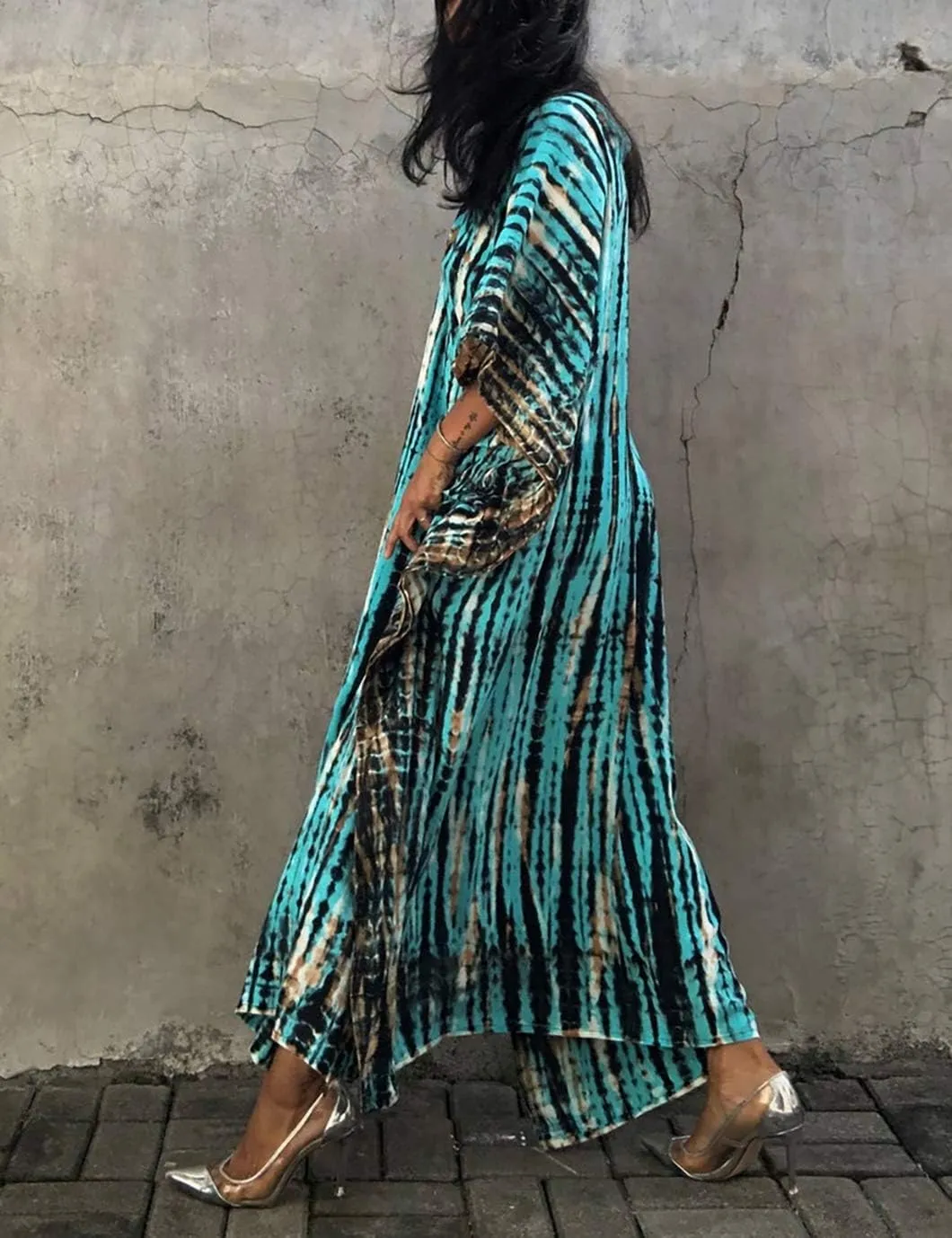 Eddoyee Plus Size Beach Kaftan Dresses for Women Print V-Neck Long Swimsuit Cover Ups