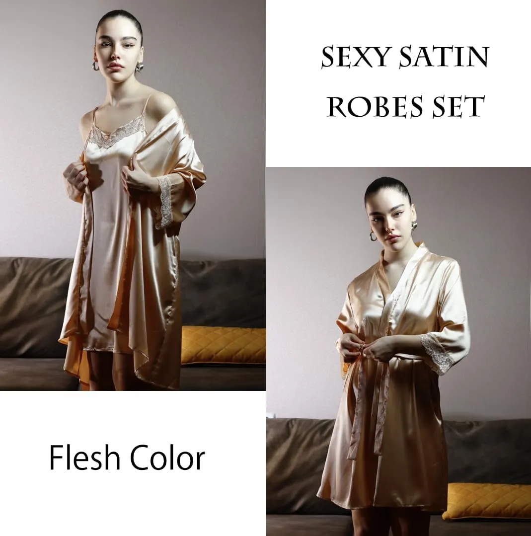Ekouaer Sleepwear Women's Satin Nightgown with Robes Set 2 Piece Sexy Lace Cami Nightwear