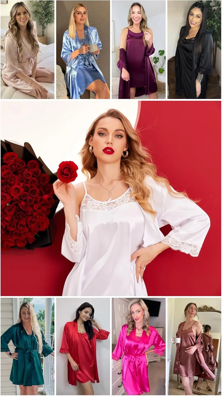 Ekouaer Sleepwear Women's Satin Nightgown with Robes Set 2 Piece Sexy Lace Cami Nightwear