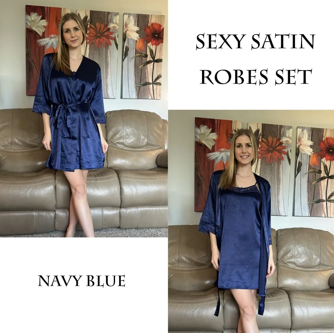Ekouaer Sleepwear Women's Satin Nightgown with Robes Set 2 Piece Sexy Lace Cami Nightwear