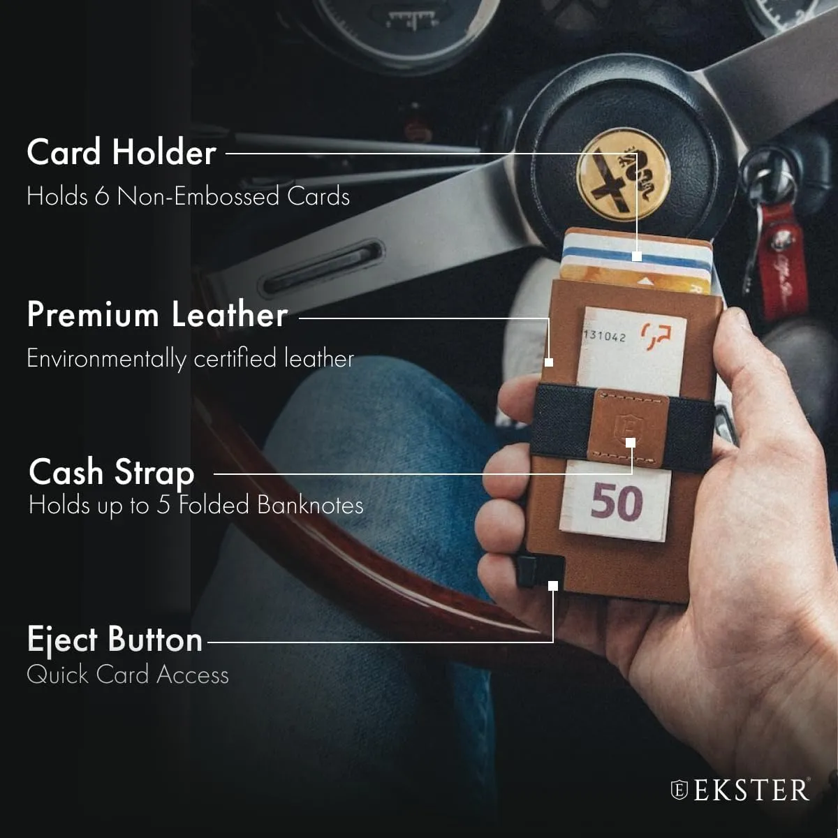 Ekster Senate Cardholder Wallet for Men | Slim Card Holder for Men w/RFID Blocking Layer | Minimalist Wallet w/Push Button for Quick Card Access | Roma Cognac