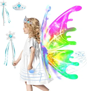 Electric Light Up Butterfly Wings Moving with Music - Princess Costume Crown Wand Dress Up, Princess Toys for Kids Ages 3-6 5-7 as Halloween Valentine Birthday Christmas Party Gifts