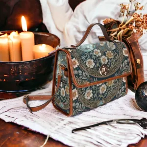 Emerald Blossoms - Retro Teal Daisy Vegan Leather Trim Handbag for Hippies