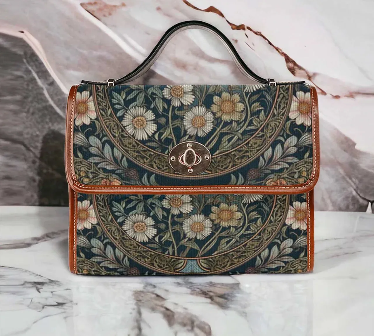 Emerald Blossoms - Retro Teal Daisy Vegan Leather Trim Handbag for Hippies