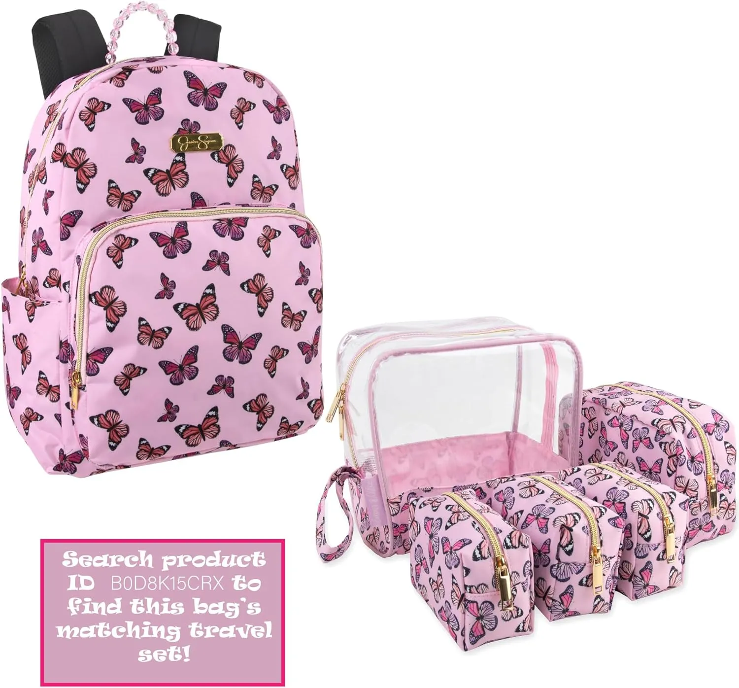 Emma & Chloe Travel Toiletry Bags for Women, 5 Piece Waterproof Cosmetic Case, Bag, Pouch Makeup Organizer Set for Women, Home Counters (Fluttering Pink Butterflies)