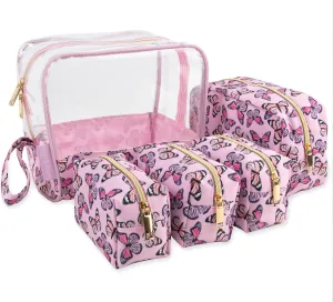 Emma & Chloe Travel Toiletry Bags for Women, 5 Piece Waterproof Cosmetic Case, Bag, Pouch Makeup Organizer Set for Women, Home Counters (Fluttering Pink Butterflies)