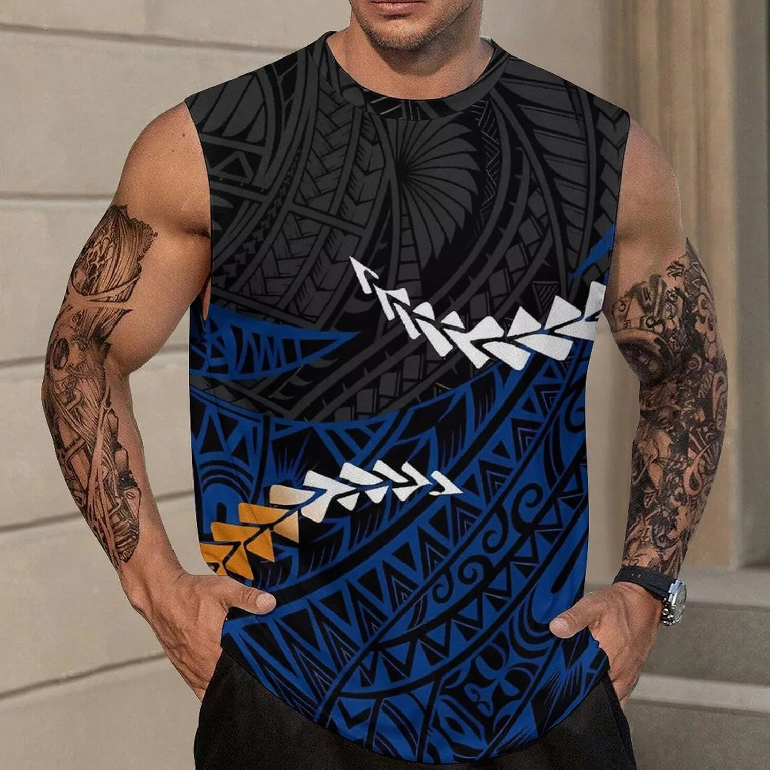 ENLACHIC Men Polynesian Tribal Tattoo Print Muscle Tank Top Sleeveless Gym Shirt Plus Size