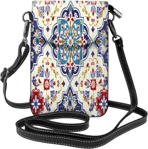 Ethnic Ceramic Tile Leather Crossbody Bag For Women, Small Cell Phone Purse Mini Shoulder Phone Bag Wallet Pouch