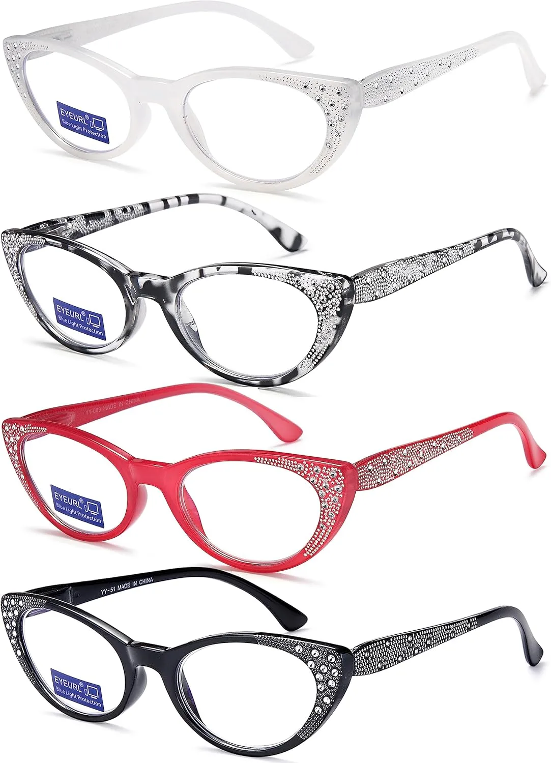 EYEURL Cat Eye Reading Glasses for Women Blue Light Blocking 4 Pack Computer Readers 0.00 Spring Hinge Anti UV Fashion Lightweight Frames Eyeglasses