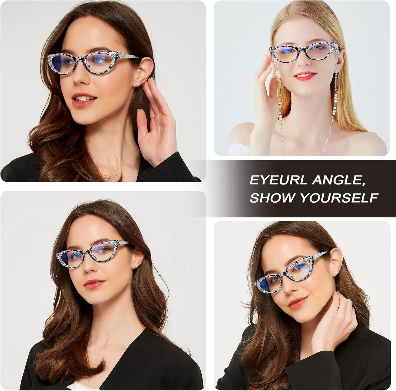 EYEURL Cat Eye Reading Glasses for Women Blue Light Blocking 4 Pack Computer Readers 0.00 Spring Hinge Anti UV Fashion Lightweight Frames Eyeglasses