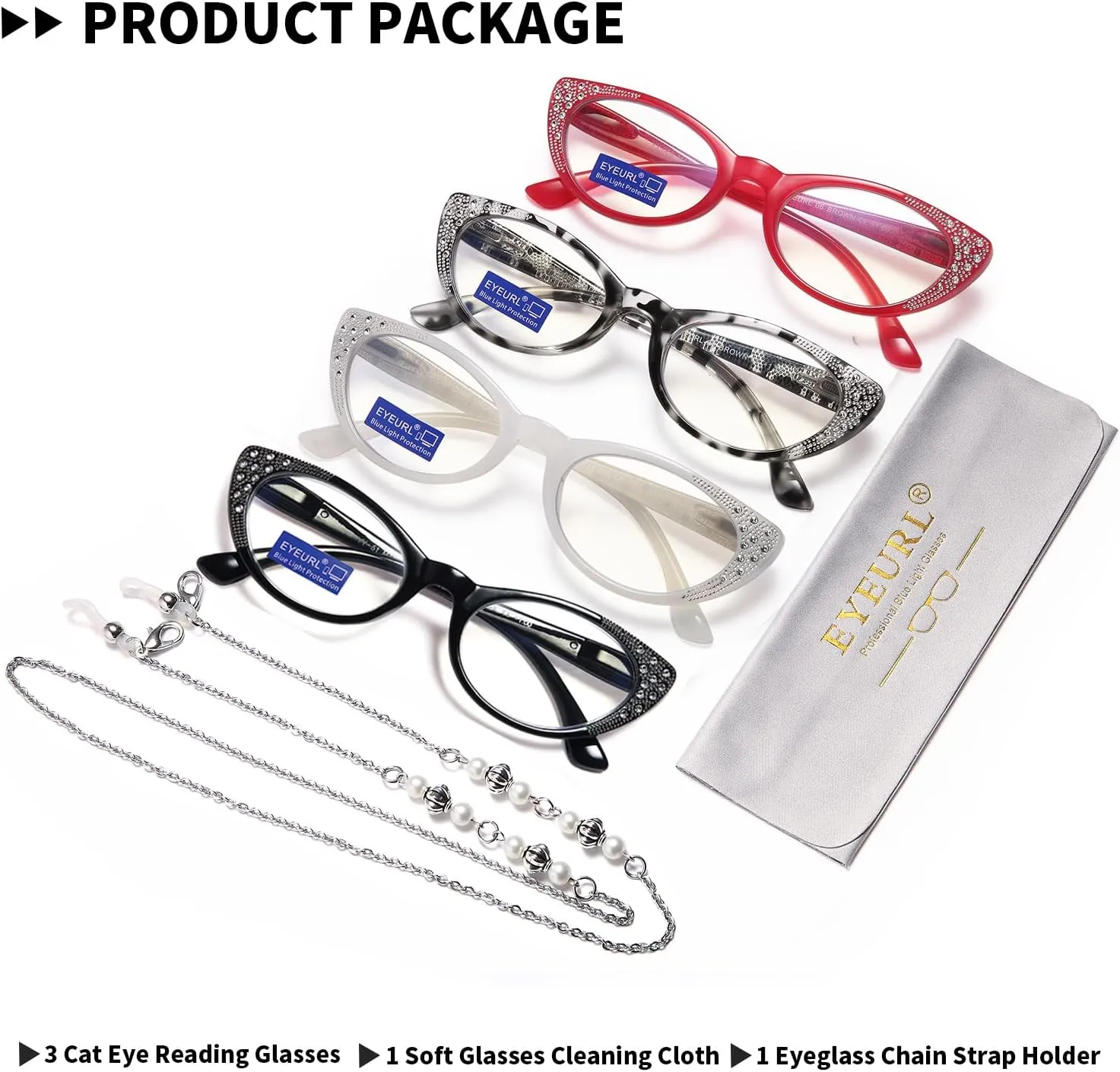 EYEURL Cat Eye Reading Glasses for Women Blue Light Blocking 4 Pack Computer Readers 0.00 Spring Hinge Anti UV Fashion Lightweight Frames Eyeglasses