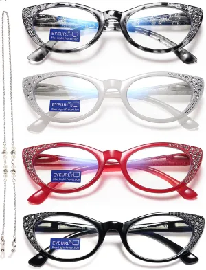 EYEURL Cat Eye Reading Glasses for Women Blue Light Blocking 4 Pack Computer Readers 0.00 Spring Hinge Anti UV Fashion Lightweight Frames Eyeglasses
