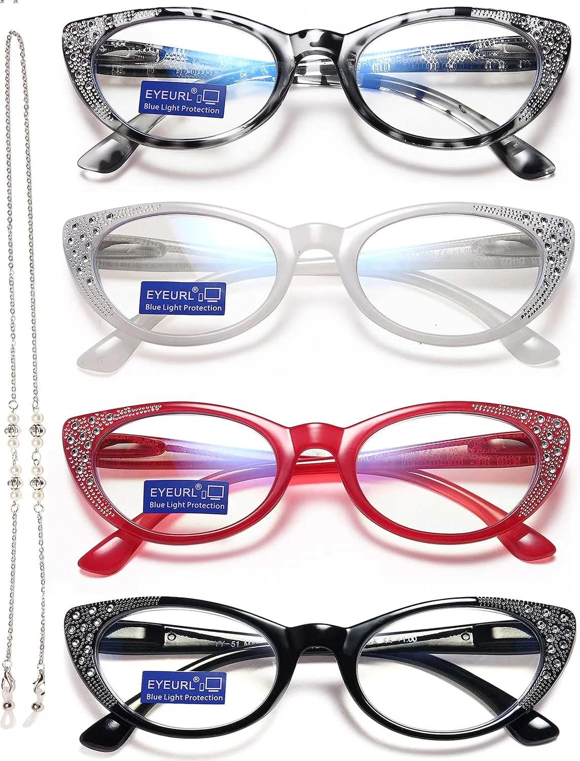 EYEURL Cat Eye Reading Glasses for Women Blue Light Blocking 4 Pack Computer Readers 0.00 Spring Hinge Anti UV Fashion Lightweight Frames Eyeglasses